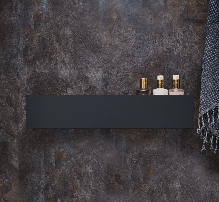 METI Bathroom Shelf in Graphite powder-coated steel, part of a five-piece minimalist ATYP bathroom set