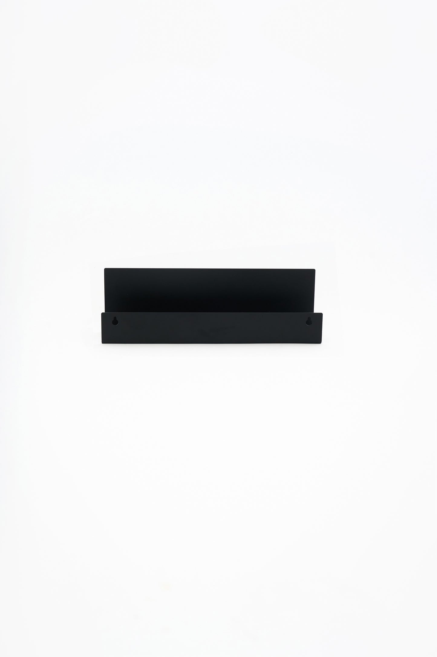 METI bathroom shelf in Graphite powder coated steel, straight-on front view of the full shelf floating on white, jet black