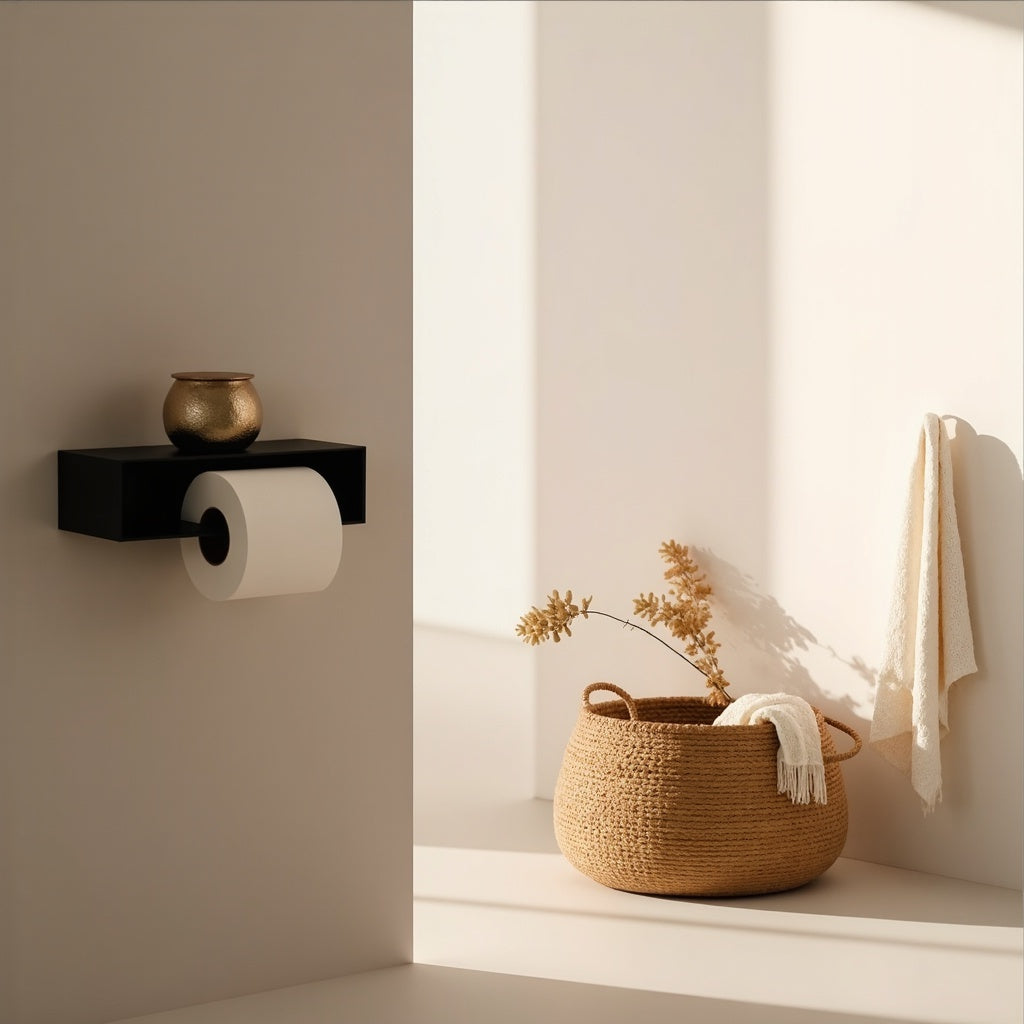 An exquisitely designed metallic toilet paper holder featuring a sleek and minimalist aesthetic. Perfect for enhancing a contemporary bathroom with its durable, rust-resistant build and sophisticated charm