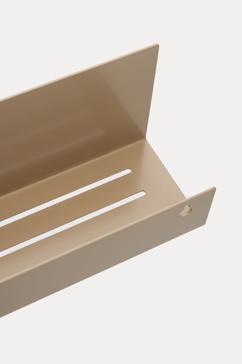 Warm beige powder coated steel shelf tray, the surface a soft cloth keeps clean