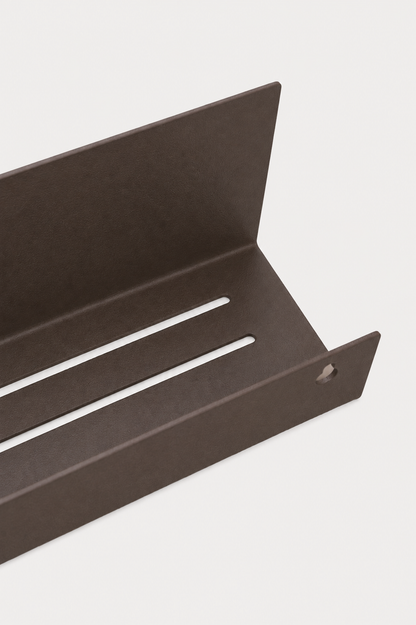 METI bathroom shelf in Umber powder coated steel, black brown, studio product shot