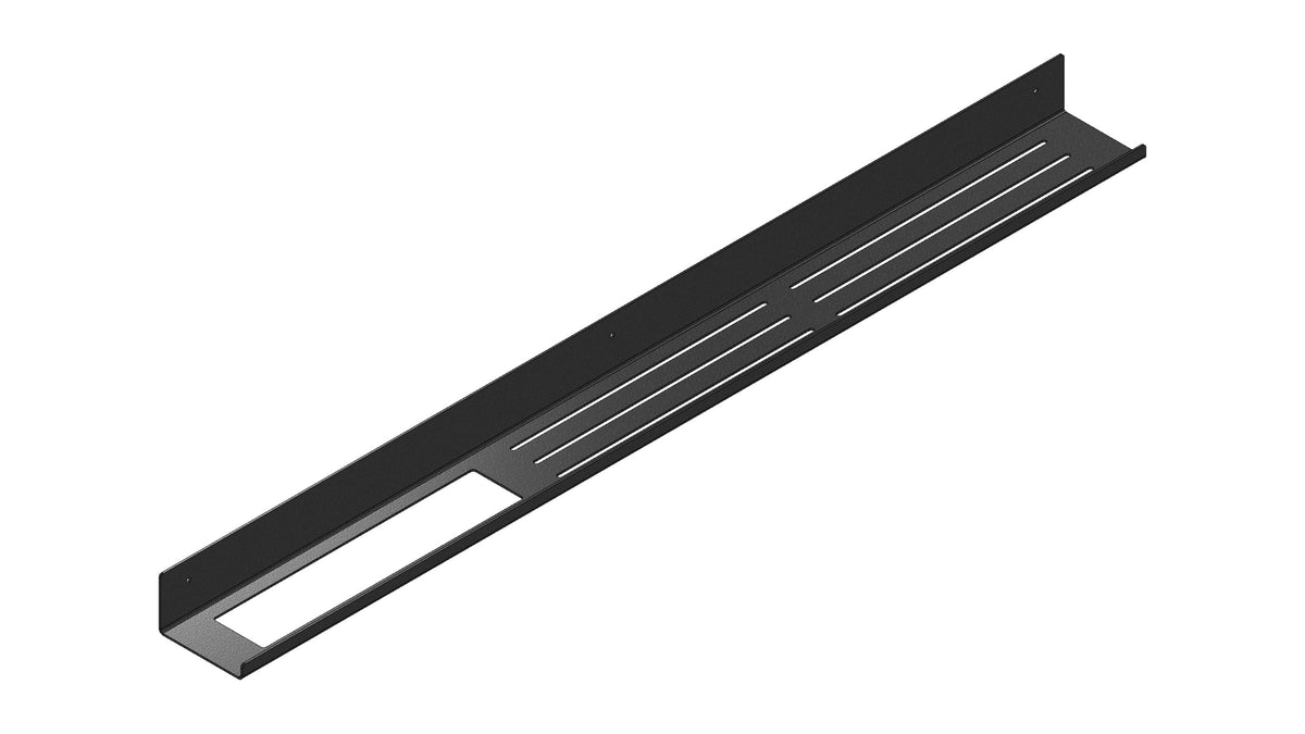 3D render of the long black shelf from above, slotted drainage top and open towel slot, large length, TUSCANY towel shelf by ATYP