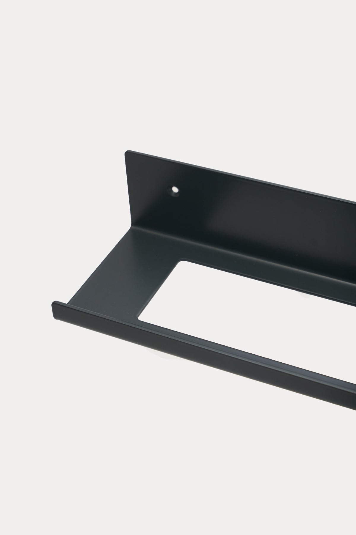 TUSCANY towel shelf in powder coated steel, close-up of the towel opening from above, jet black