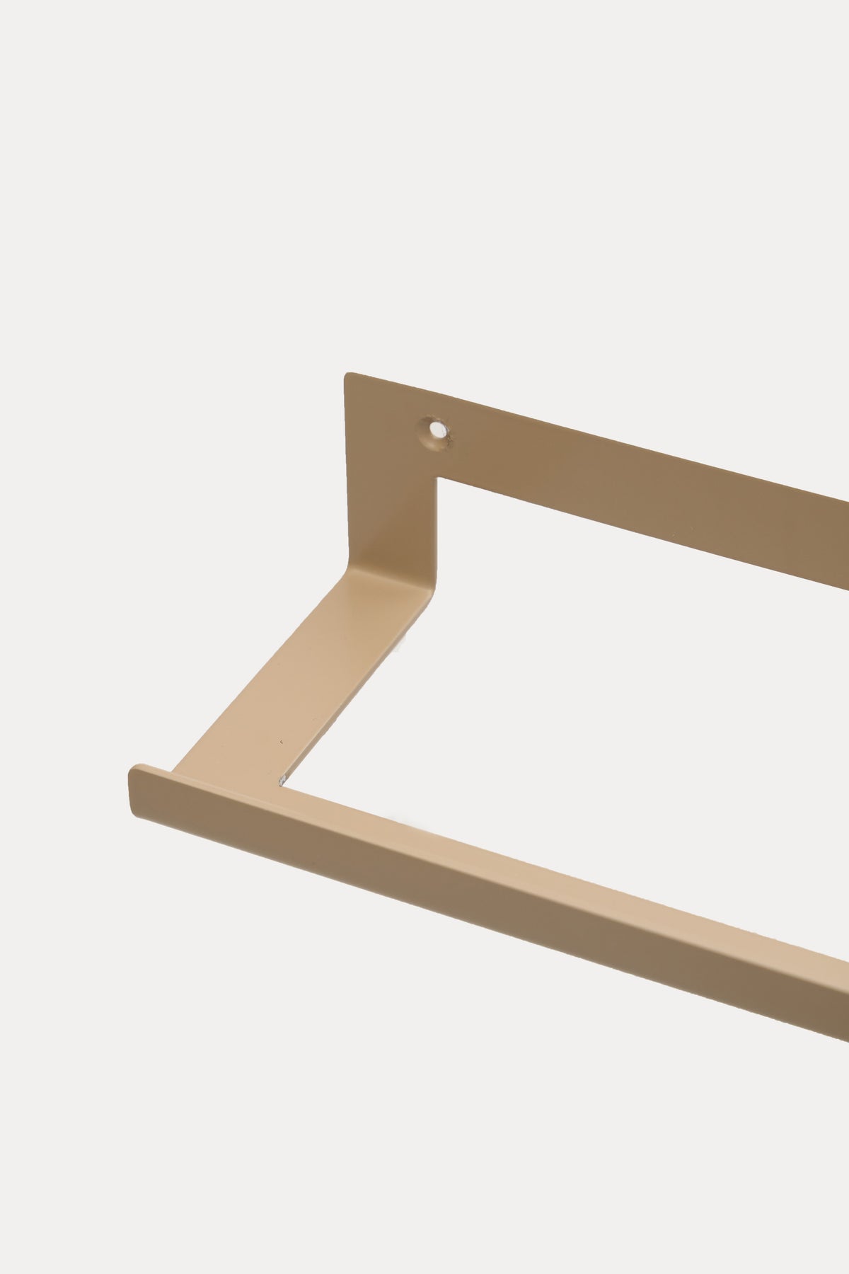 KANSO towel holder in Linen powder coated steel, macro of the bracket corner and rail, warm beige