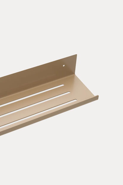 TUSCANY towel shelf in Linen powder coated steel, angled close-up of the slotted drainage tray, warm beige