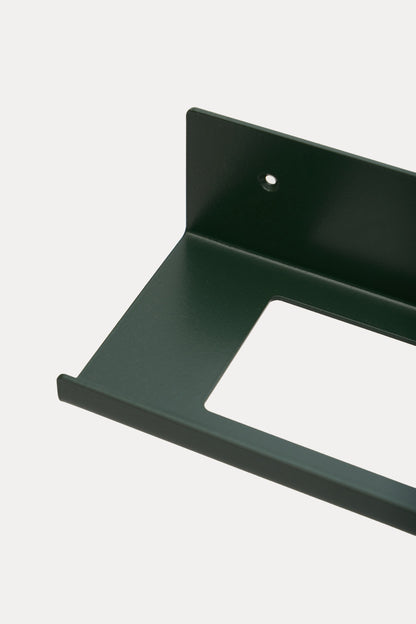 TUSCANY towel shelf in powder coated steel, close-up of the towel opening and front lip in a deep green powder coat, a custom RAL shade