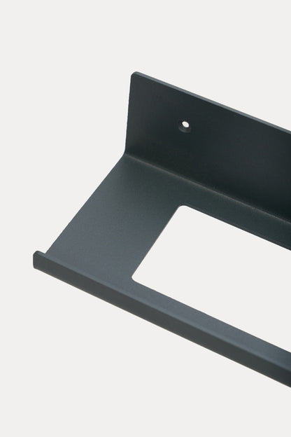 TUSCANY towel shelf in powder coated steel, close-up of the towel opening and front lip, dark anthracite grey