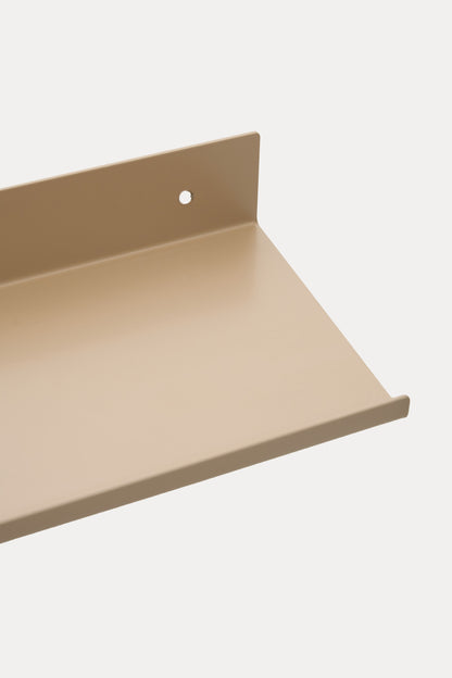 LUME bedroom shelf in Linen powder coated steel, close-up of the ledge and front lip, warm beige