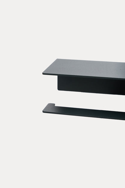 NYVE toilet paper holder in powder coated steel, close-up of the top shelf and hook arm, dark anthracite grey