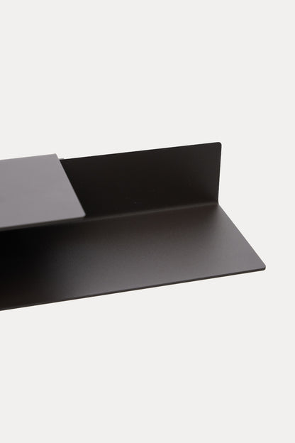 NYVE toilet paper holder in Umber powder coated steel, close-up of the top shelf and hook arm, dark black brown