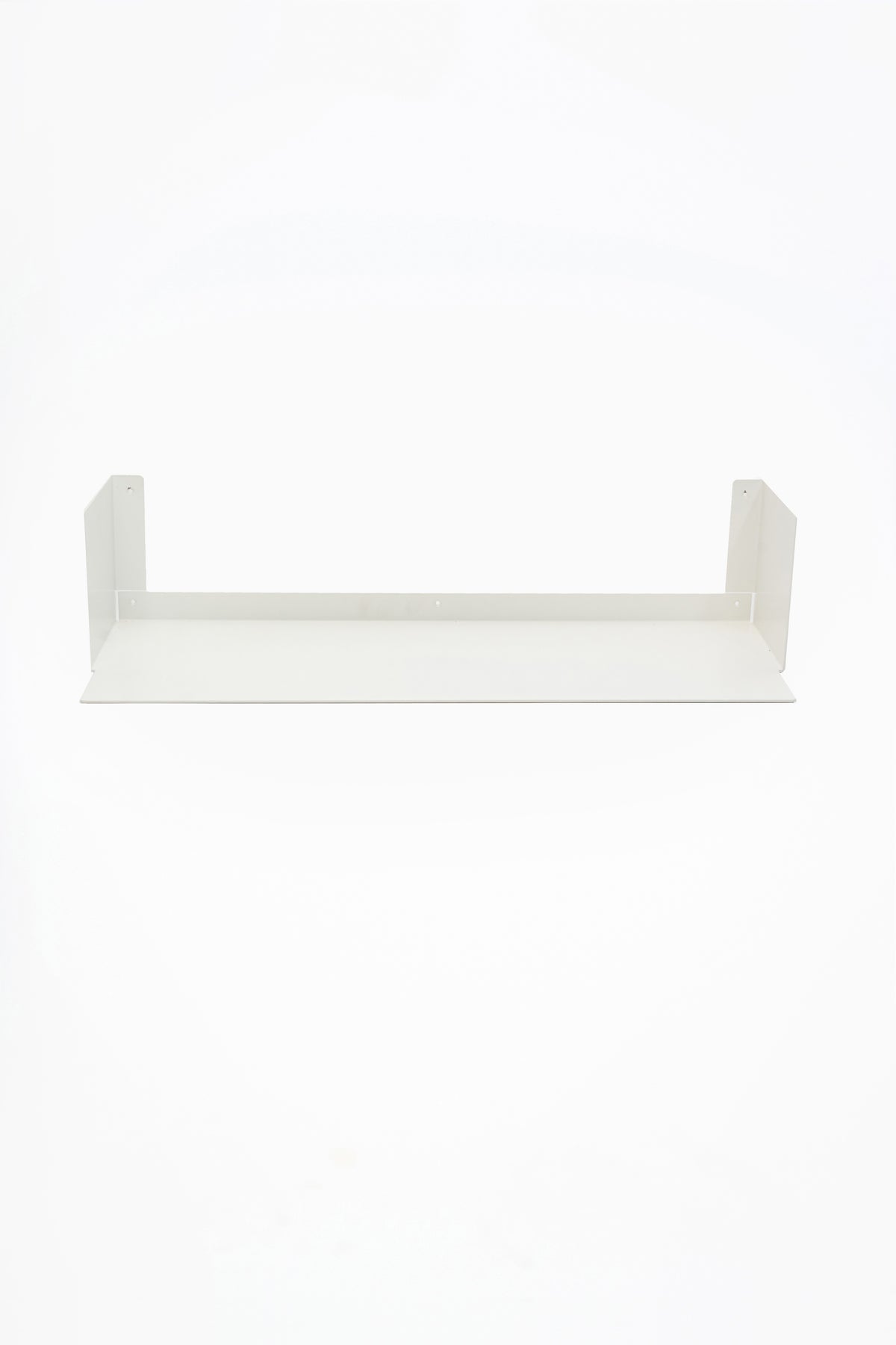 LUMO living room shelf in Chalk powder coated steel, full front view of the U-profile shelf with side walls, bright white, floating on white