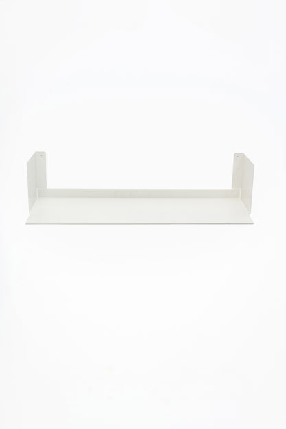 LUMO living room shelf in Chalk powder coated steel, full front view of the U-profile shelf with side walls, bright white, floating on white