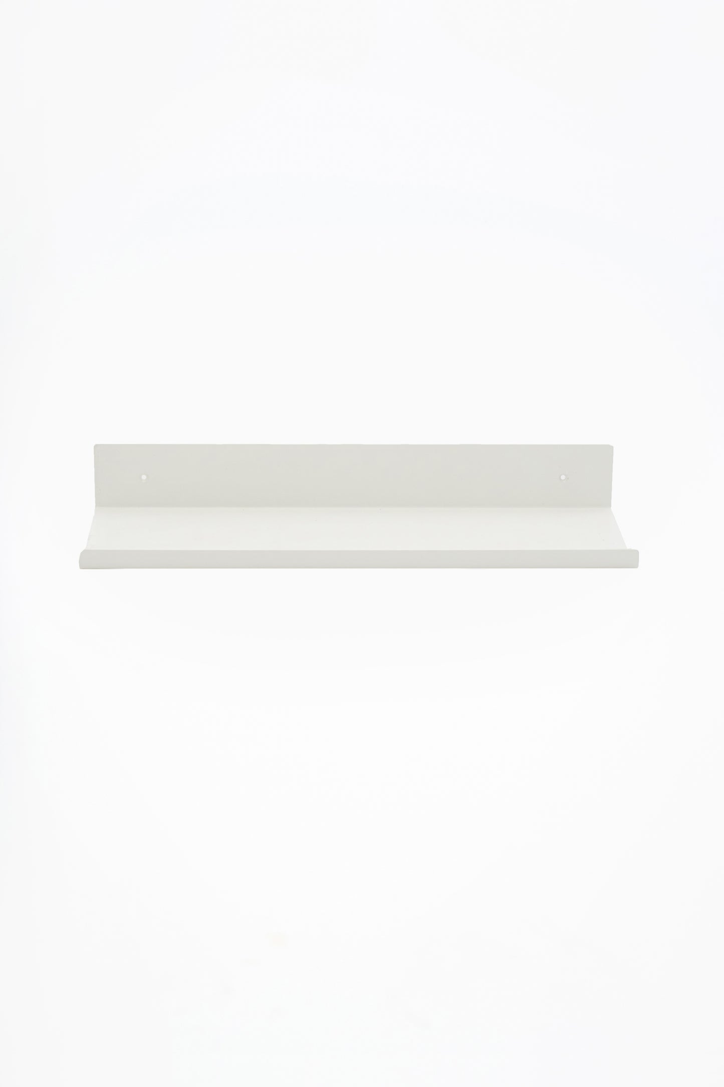 LUME bedroom shelf in Chalk powder coated steel, full front view floating on white, bright white, two mounting holes