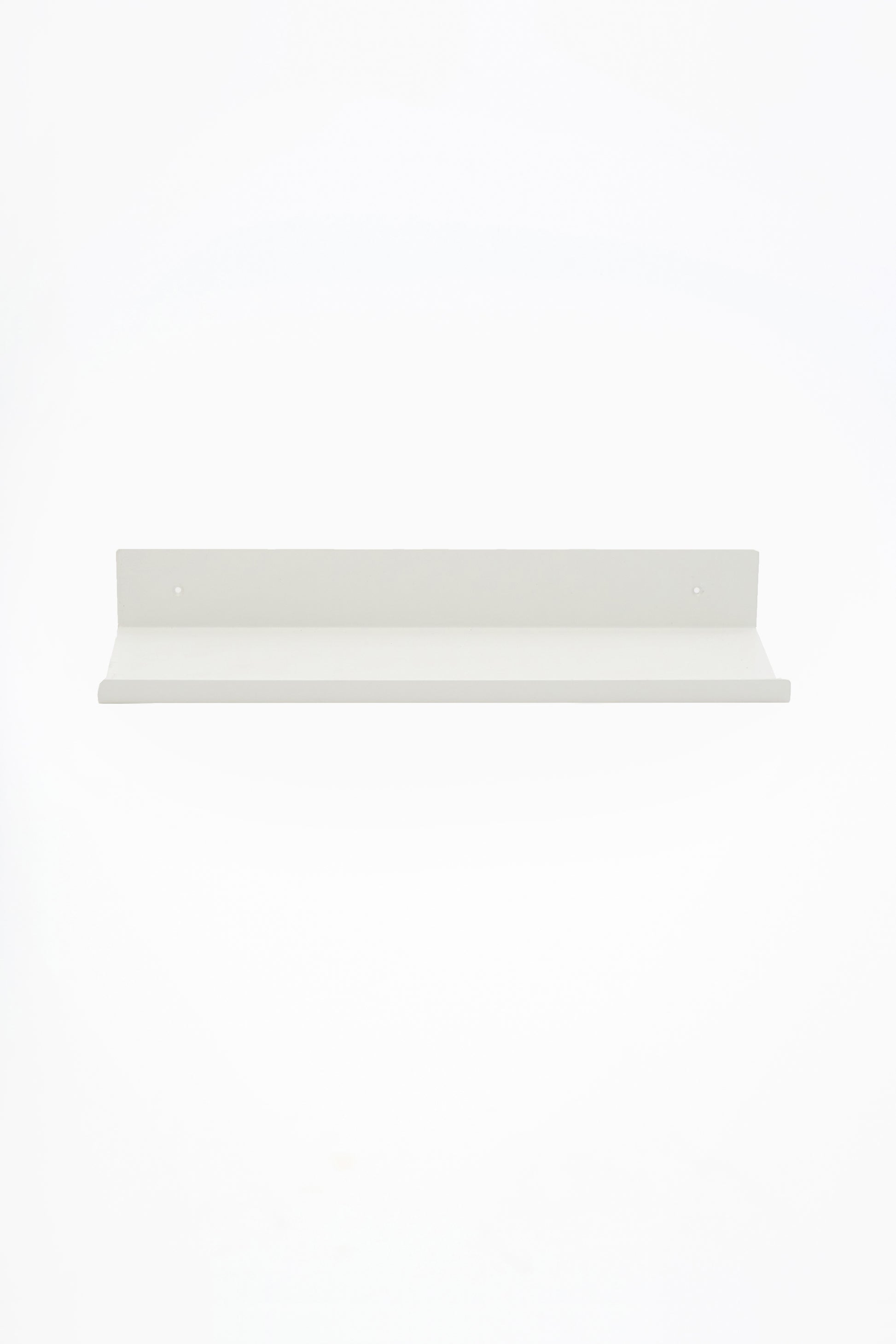 LUME bedroom shelf in Chalk powder coated steel, full front view floating on white, bright white, two mounting holes