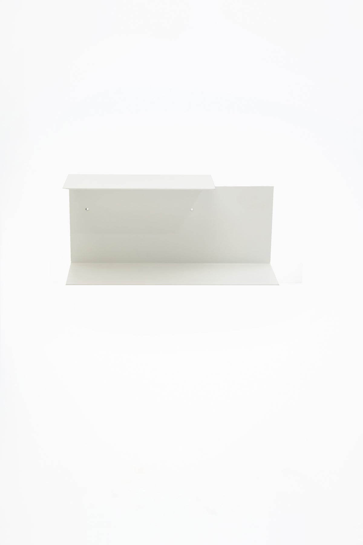 LYNX floating shelf in Chalk powder coated steel, full front view floating on white, two screw holes on back panel, stepped profile