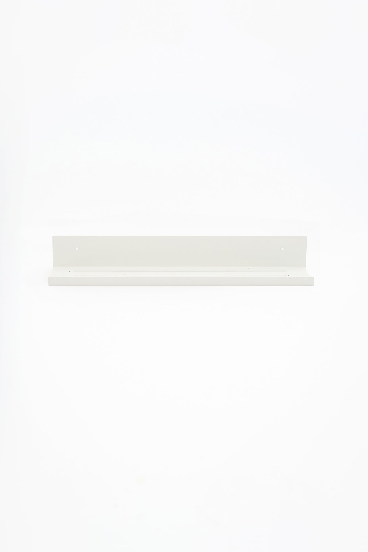 ELIORA shower shelf in Chalk powder coated steel, full front view of the white shelf with drip lip, floating on white, keyhole mounts