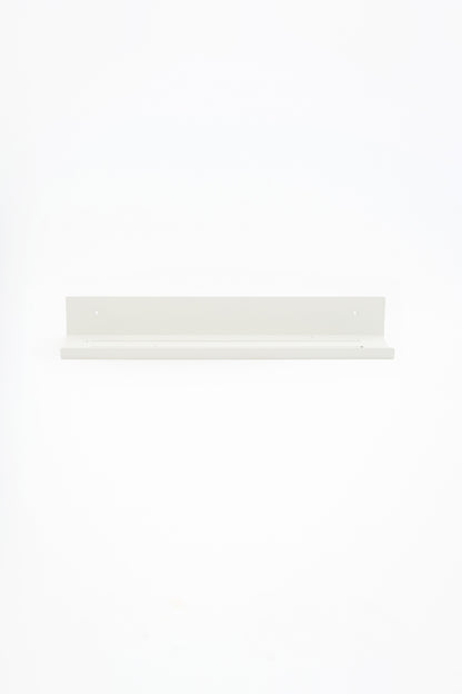 ELIORA shower shelf in Chalk powder coated steel, full front view of the white shelf with drip lip, floating on white, keyhole mounts