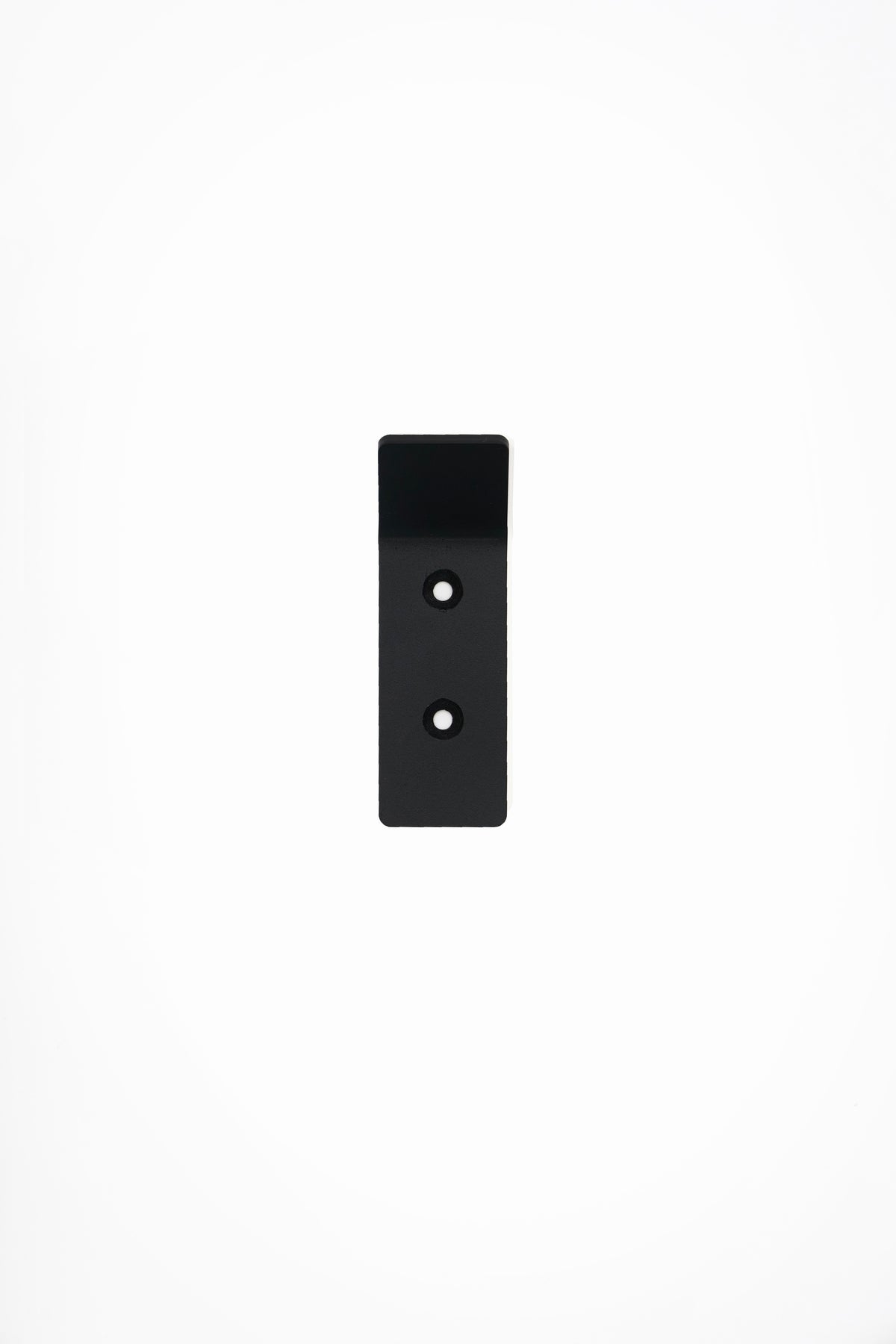 CORE wall hook in Graphite powder coated steel, front view of the screw-mount hook, jet black, two screw holes