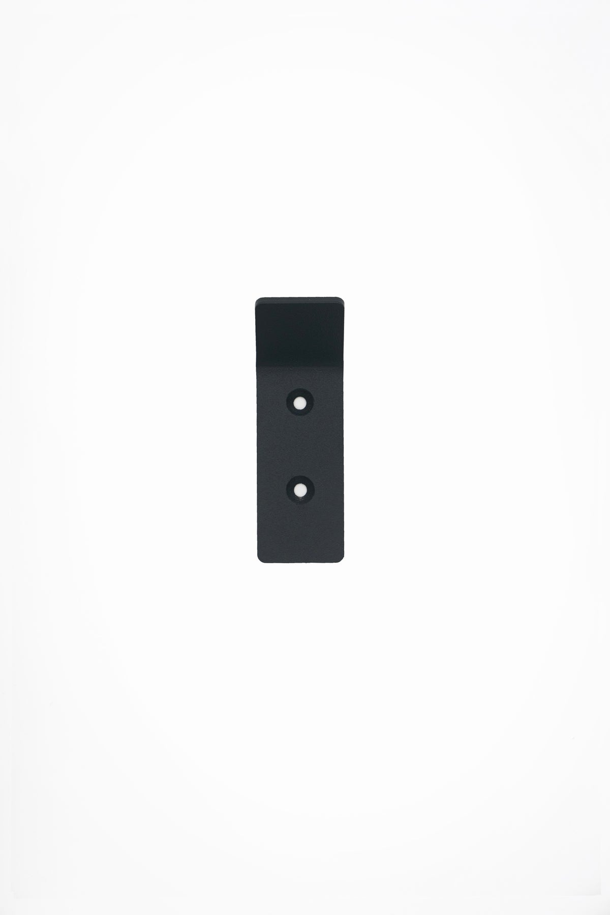 CORE wall hook in Slate powder coated steel, front view of the screw-mount hook, dark anthracite grey, two screw holes