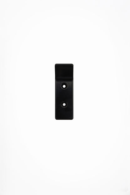 CORE wall hook in Umber powder coated steel, front view of the screw-mount hook, dark black brown, two screw holes