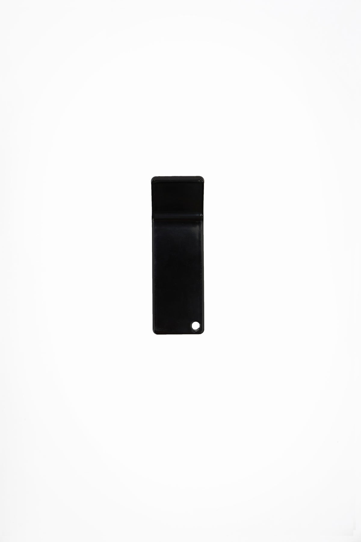 CORE wall hook in Umber powder coated steel, front view of the tape-mount hook, dark black brown, punched corner hole