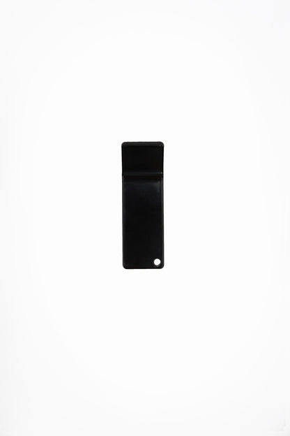 CORE wall hook in Umber powder coated steel, front view of the tape-mount hook, dark black brown, punched corner hole