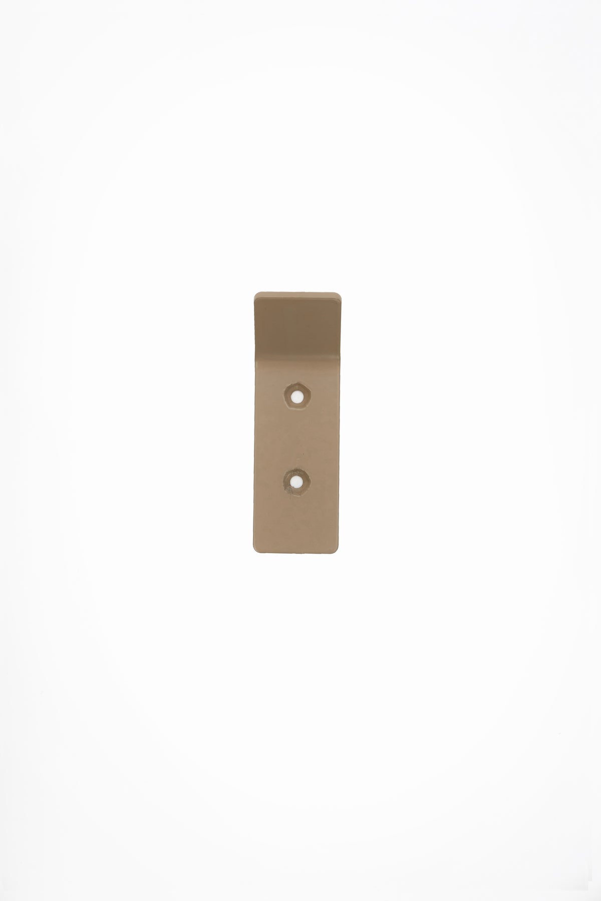 CORE wall hook in Linen powder coated steel, front view of the screw-mount hook, warm beige, two screw holes