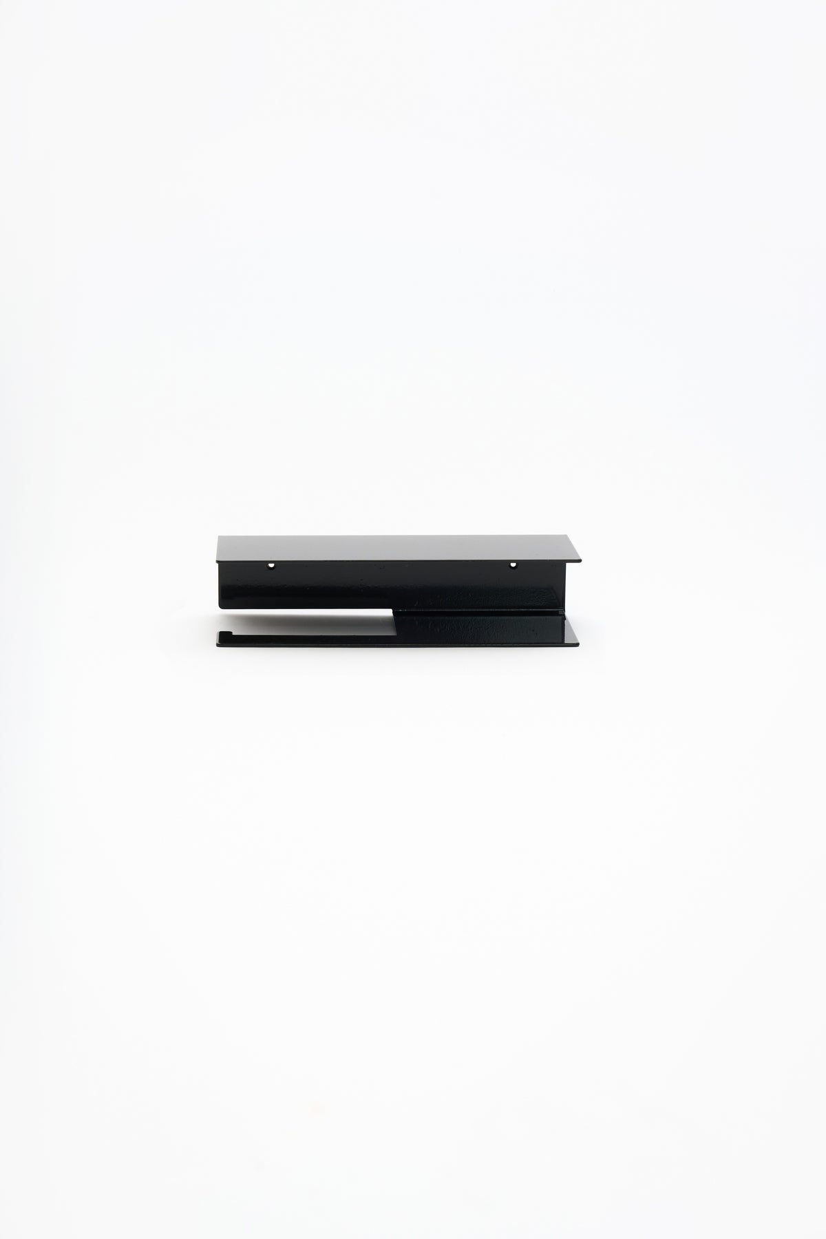 NYVE toilet paper holder in powder coated steel, full front view of the compact holder, glossy black, two screw holes