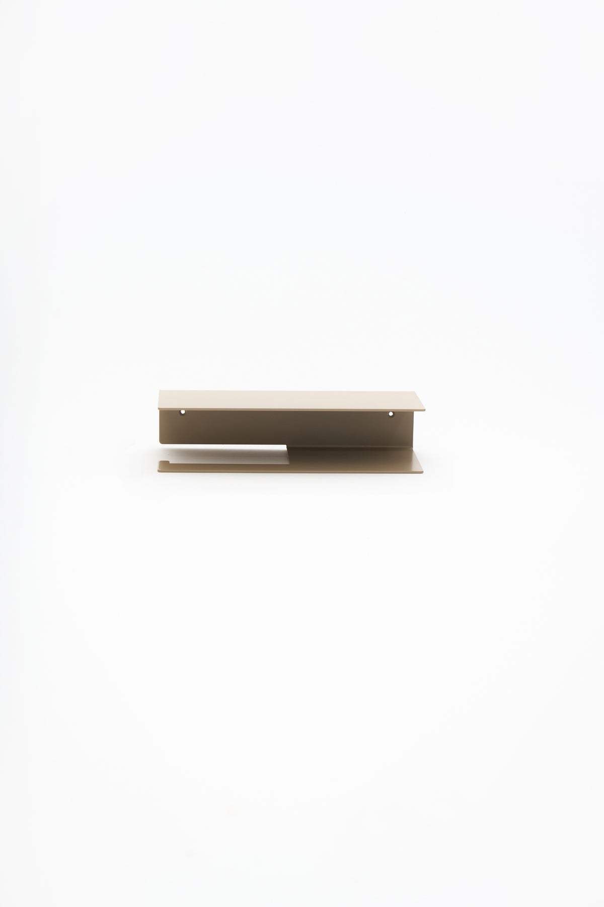 NYVE toilet paper holder in Linen powder coated steel, full front view of the compact holder, warm beige