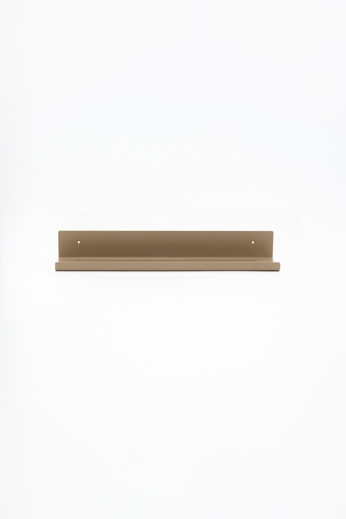 ELIORA shower shelf in Linen powder coated steel, front view of the warm beige shelf, two screw holes on the back panel