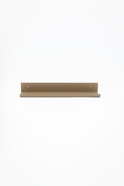 ELIORA shower shelf in Linen powder coated steel, front view of the warm beige shelf, two screw holes on the back panel