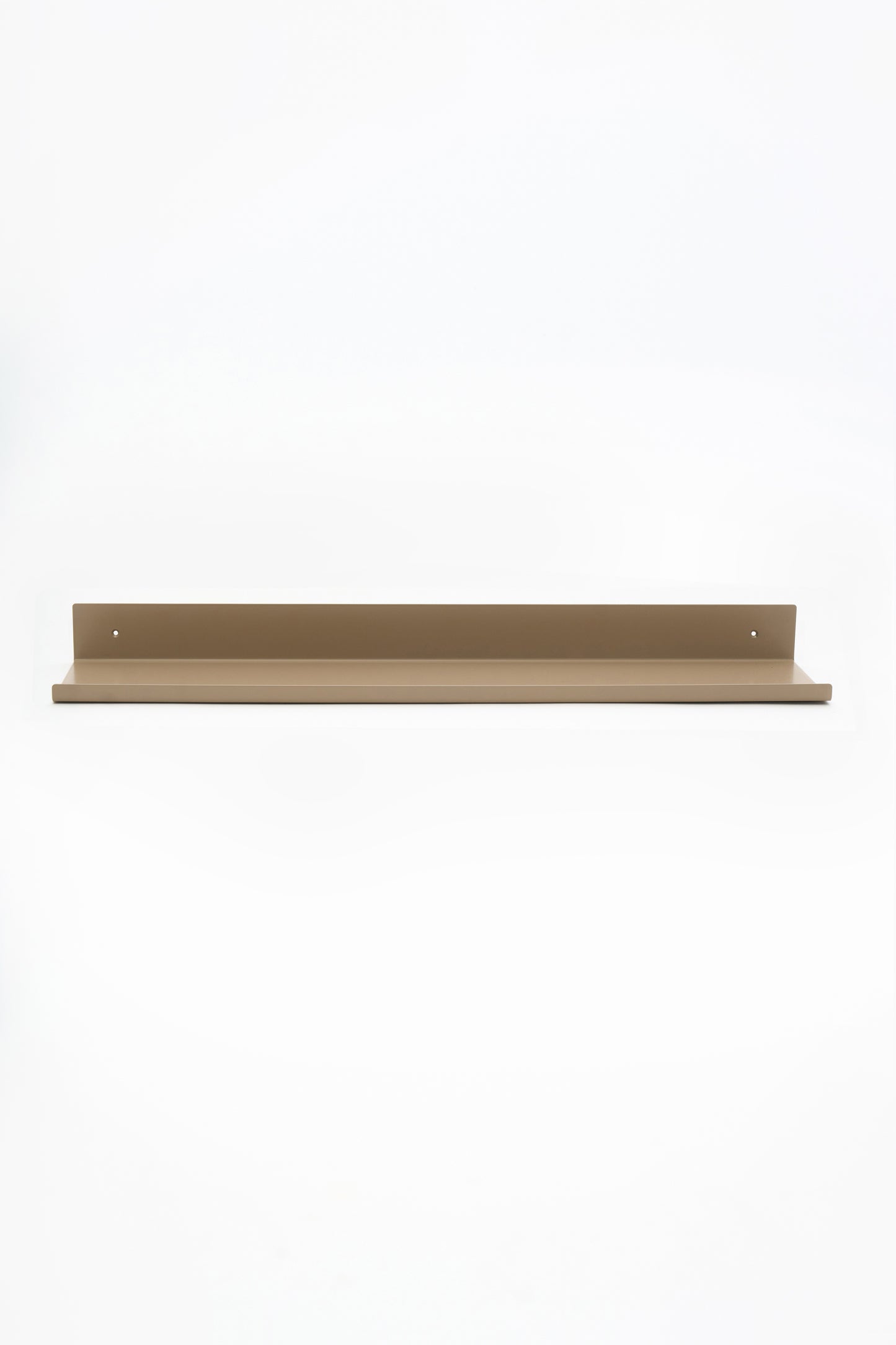 LUME bedroom shelf in Linen powder coated steel, full front view floating on white, warm beige, two mounting holes