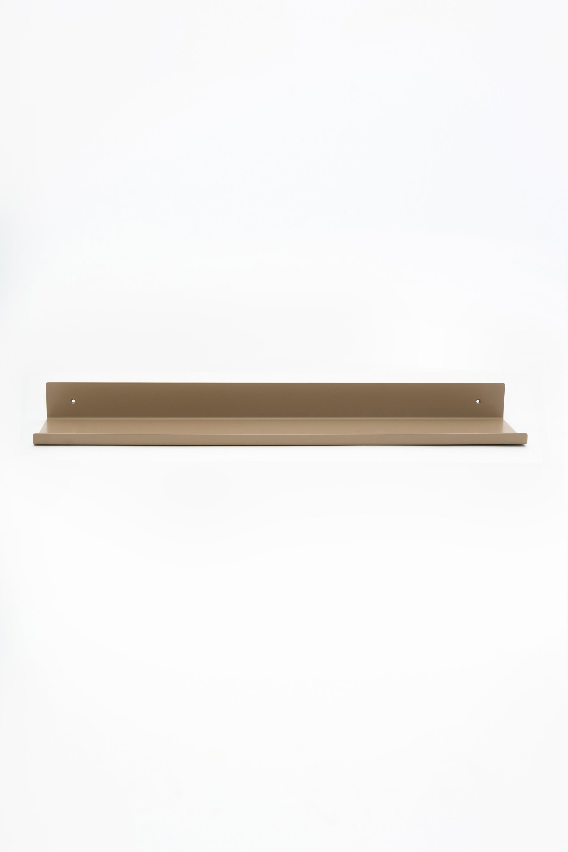 LUME bedroom shelf in Linen powder coated steel, full front view floating on white, warm beige, two mounting holes