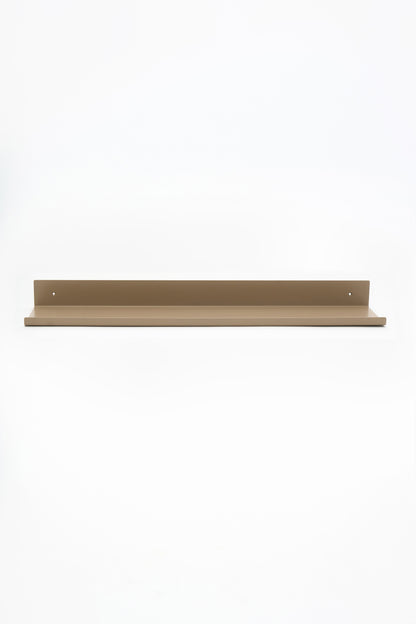 LUME bedroom shelf in Linen powder coated steel, full front view floating on white, warm beige, two mounting holes
