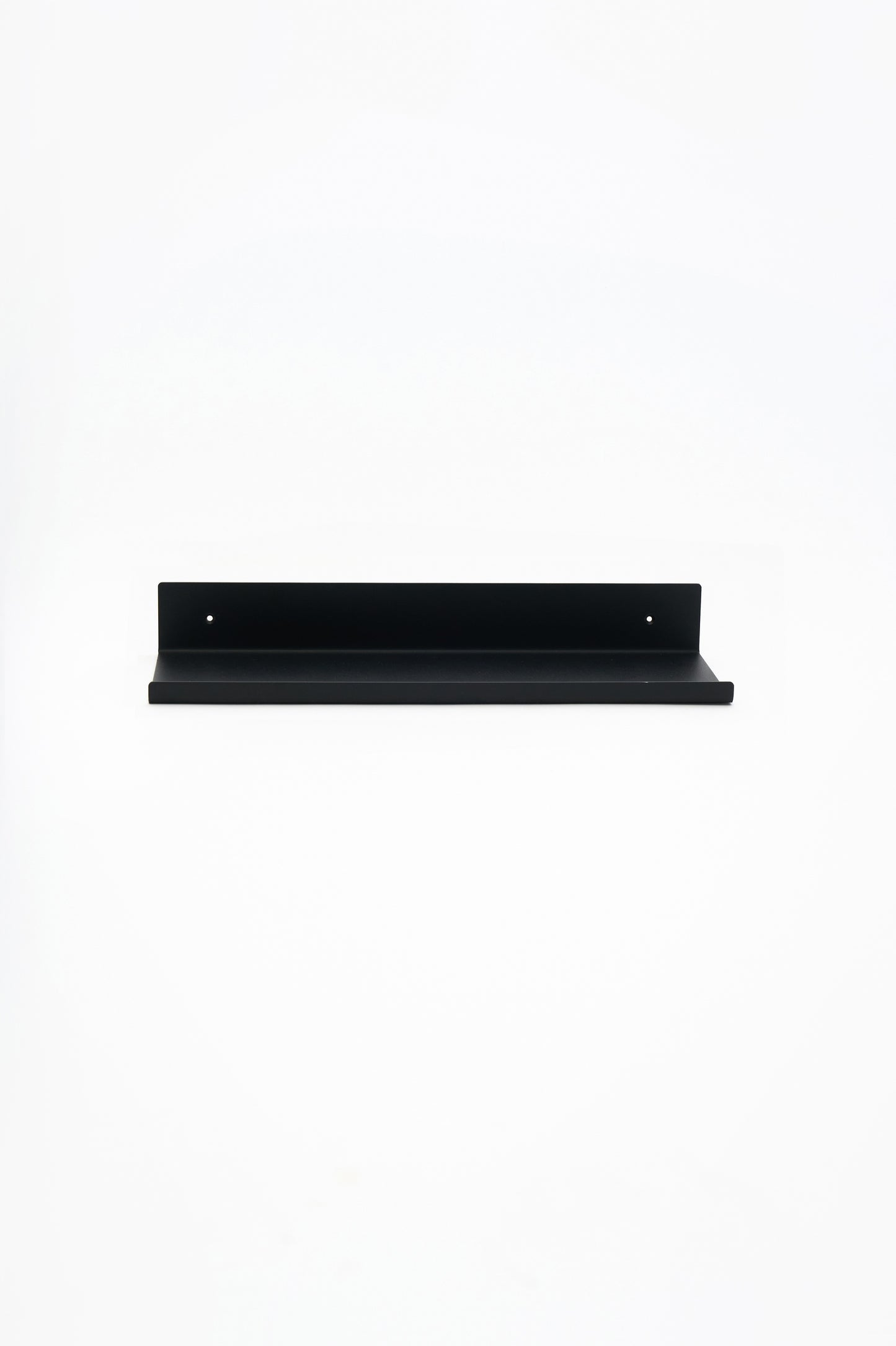 LUME bedroom shelf in Graphite powder coated steel, full front view floating on white, two mounting holes, jet black