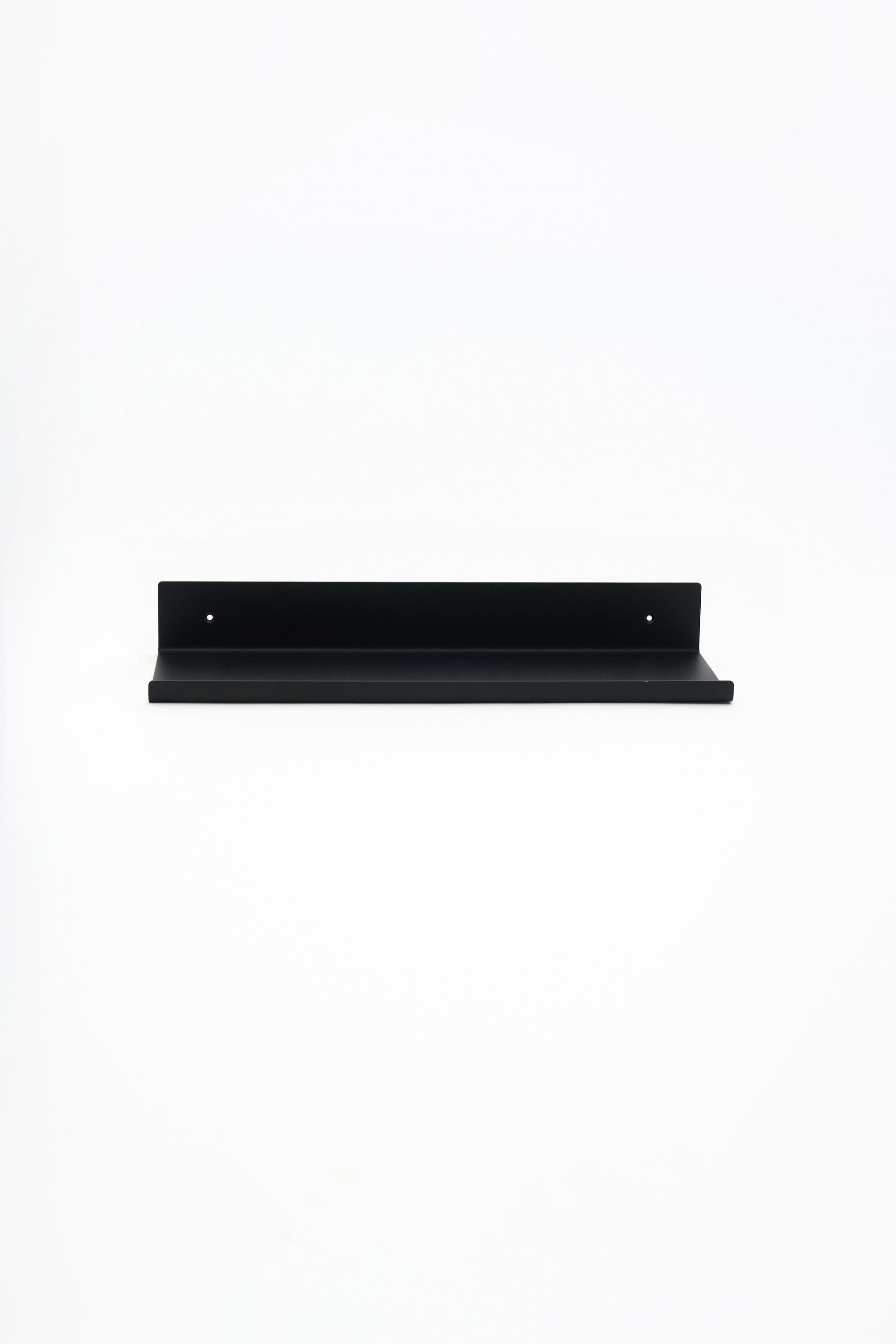 LUME bedroom shelf in Graphite powder coated steel, full front view floating on white, two mounting holes, jet black