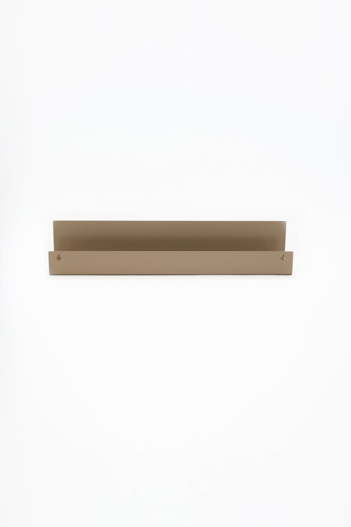 METI bathroom shelf in Linen powder coated steel, straight-on front view of the full shelf floating on white, keyhole slots at both ends