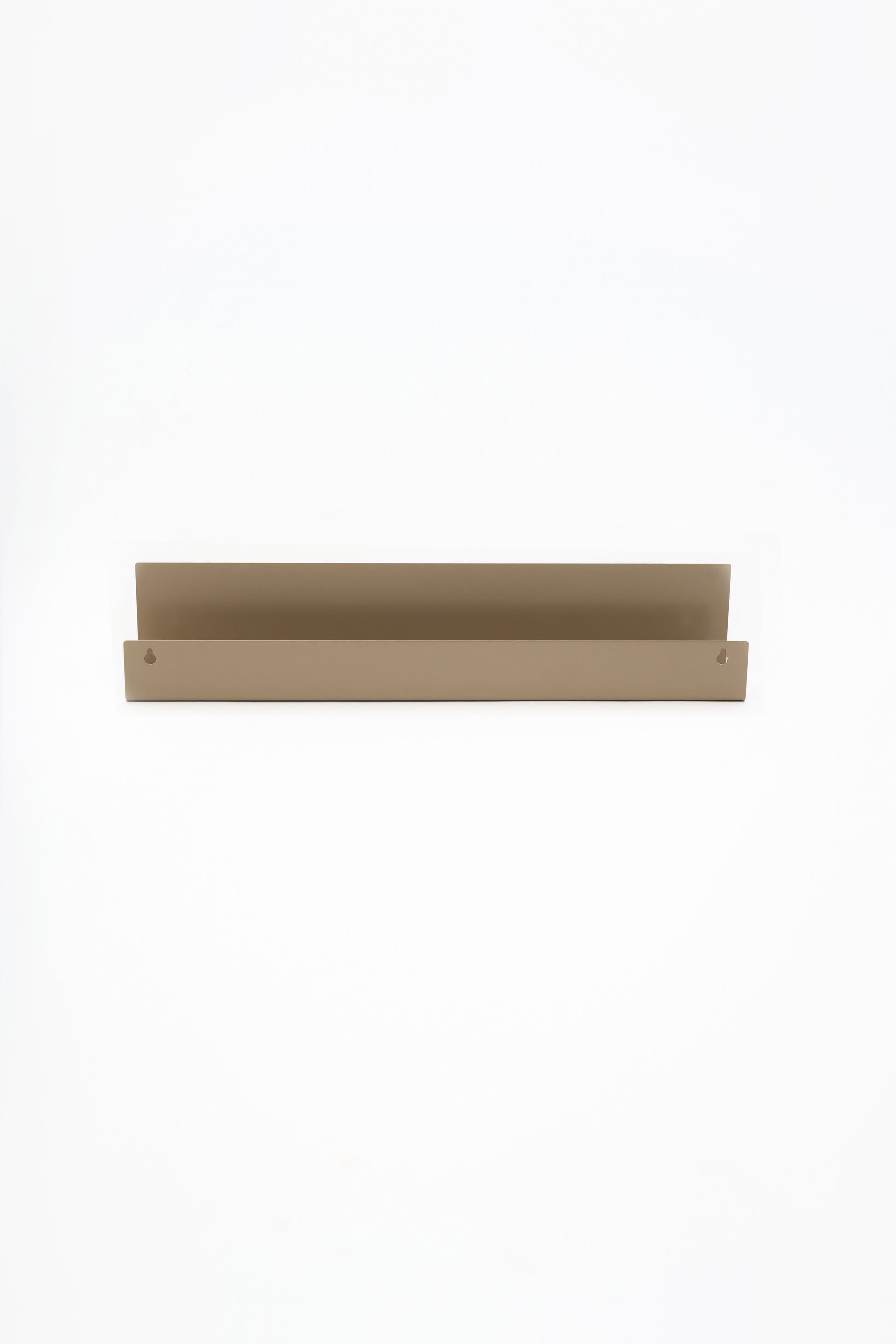METI bathroom shelf in Linen powder coated steel, straight-on front view of the full shelf floating on white, keyhole slots at both ends