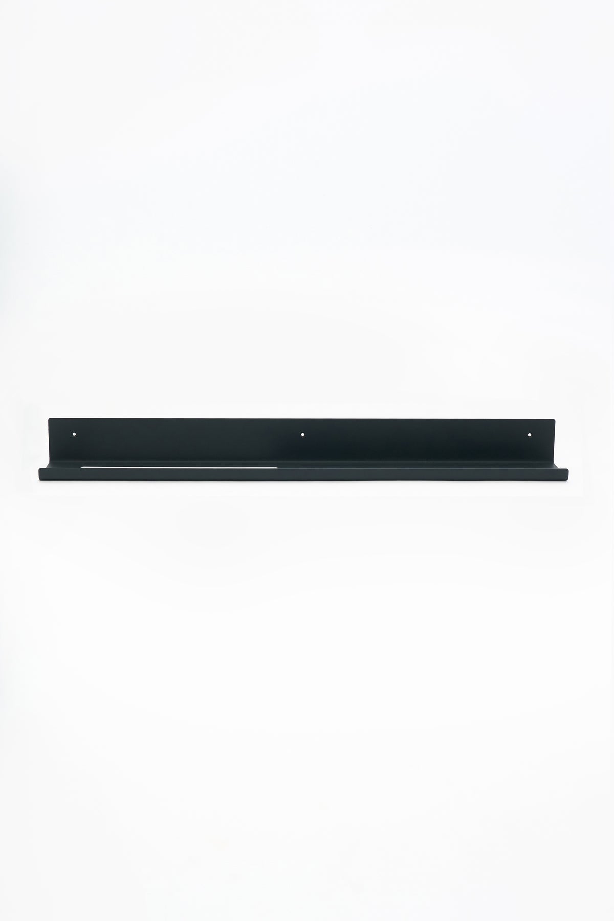 TUSCANY towel shelf in powder coated steel, full front view of the long rail shelf, matte black, three mounting holes