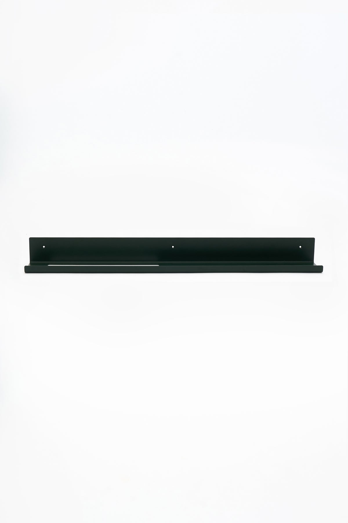 TUSCANY towel shelf in a deep green custom RAL powder coat, front view of the long rail shelf, three mounting holes