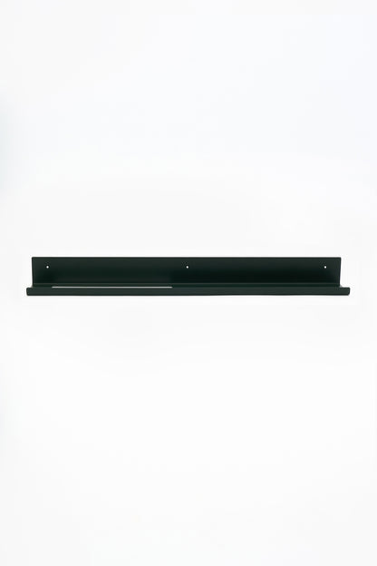 TUSCANY towel shelf in a deep green custom RAL powder coat, front view of the long rail shelf, three mounting holes