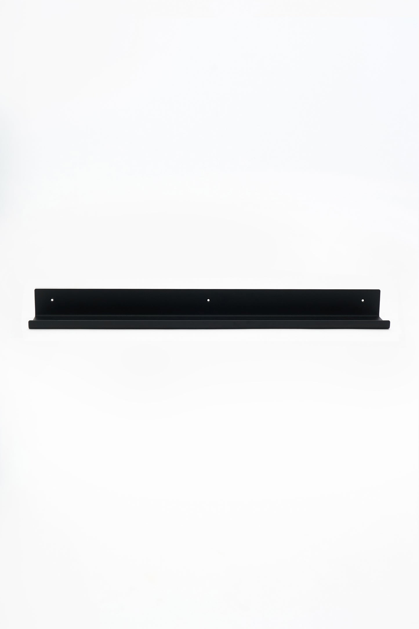 LUME bedroom shelf in Graphite powder coated steel, full front view of the long shelf, three mounting holes, jet black