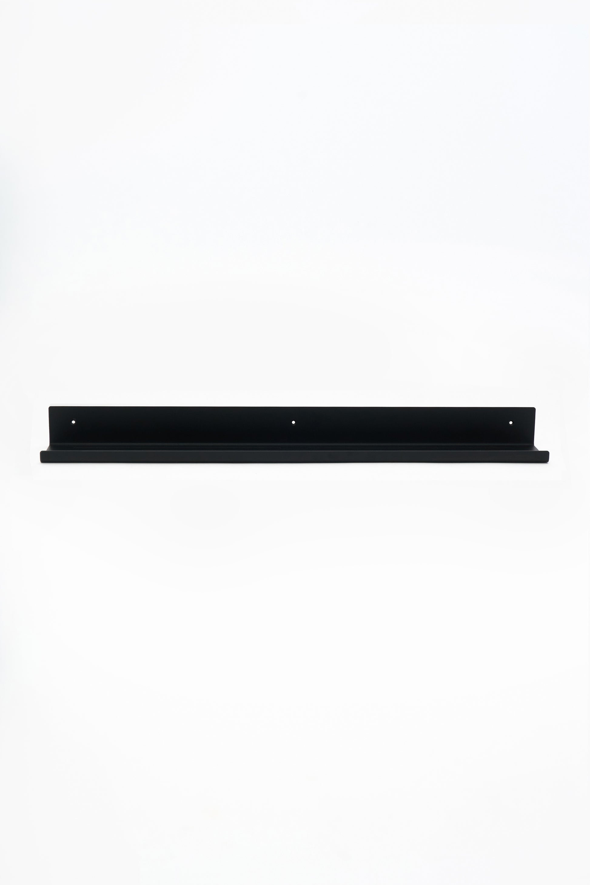 LUME bedroom shelf in Graphite powder coated steel, full front view of the long shelf, three mounting holes, jet black