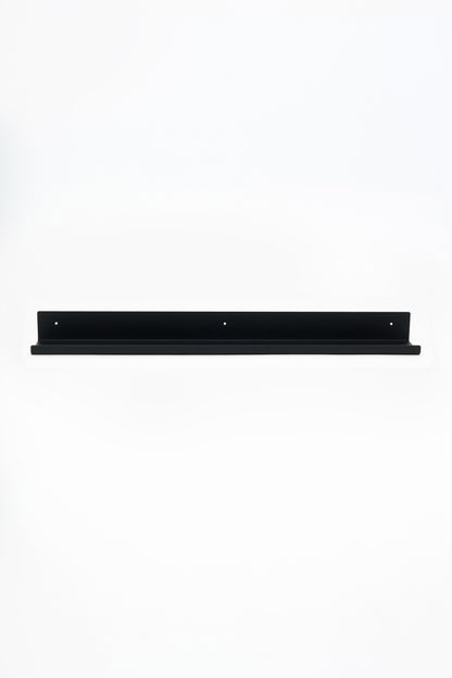 LUME bedroom shelf in Graphite powder coated steel, full front view of the long shelf, three mounting holes, jet black