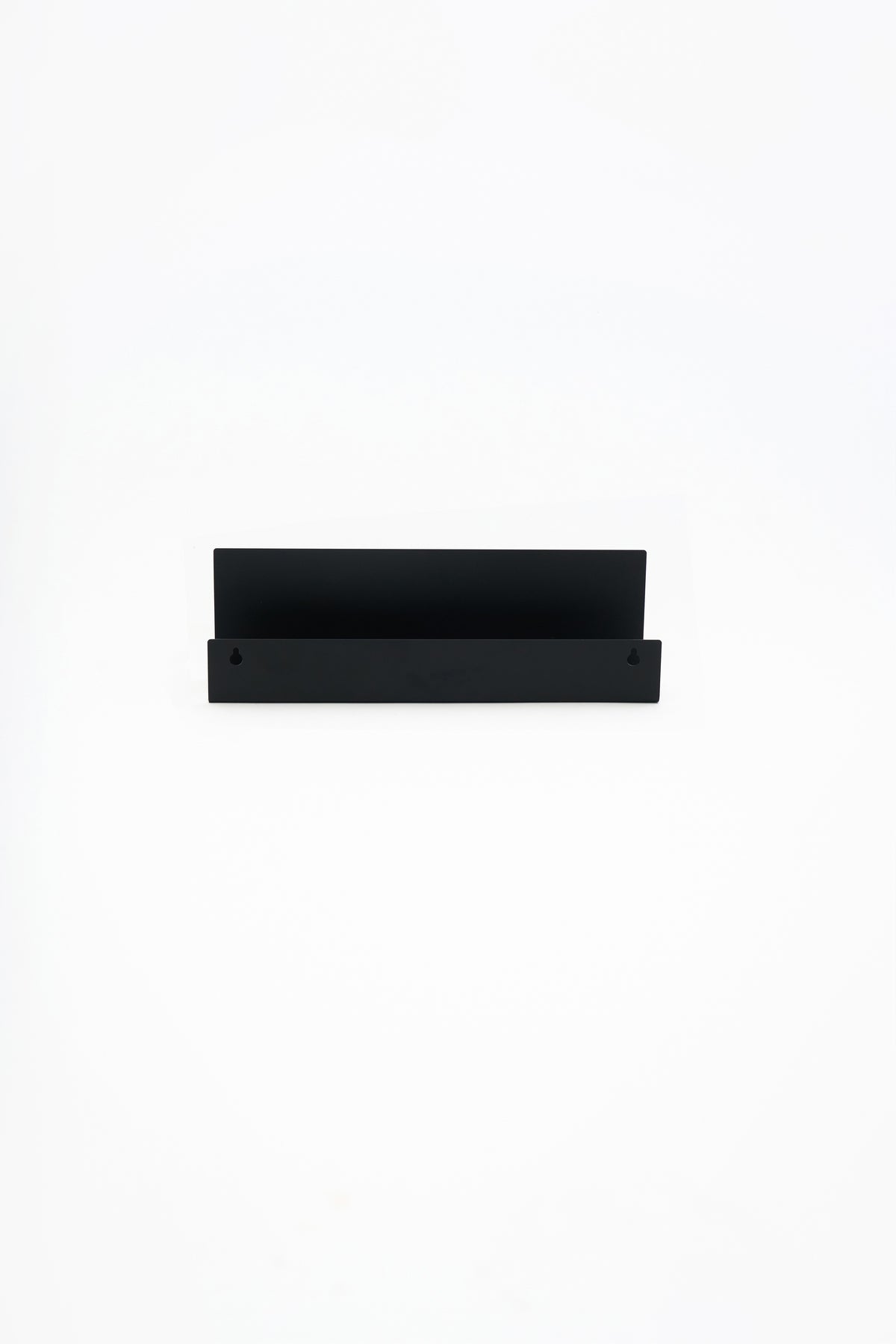 METI bathroom shelf in Graphite powder coated steel, straight-on front view of the full shelf floating on white, jet black