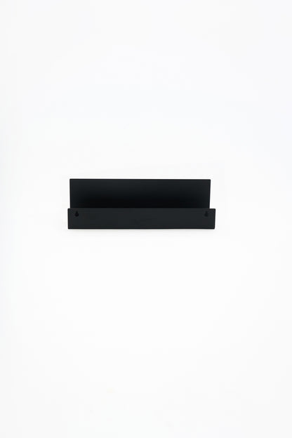 METI bathroom shelf in Graphite powder coated steel, straight-on front view of the full shelf floating on white, jet black