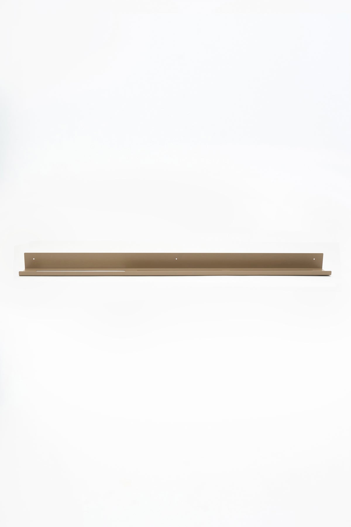 TUSCANY towel shelf in Linen powder coated steel, full front view of the long rail shelf, warm beige, three mounting holes