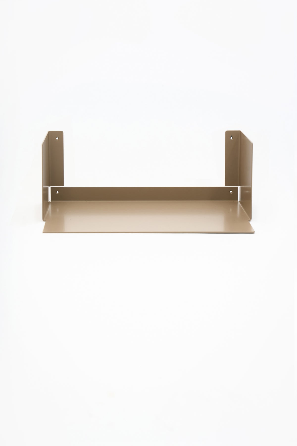 LUMO living room shelf in Linen powder coated steel, full front view of the U-profile shelf with side walls, warm beige, floating on white