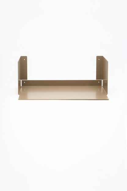 LUMO living room shelf in Linen powder coated steel, full front view of the U-profile shelf with side walls, warm beige, floating on white