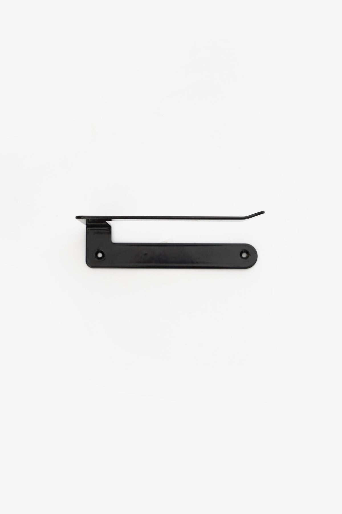 CLAIR toilet paper holder in powder coated steel, full front view of the rounded plate and roll arm, deep black, two screw holes